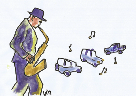 Saxophonspieler mit Suzuki-Jeeps (18.03.2017)